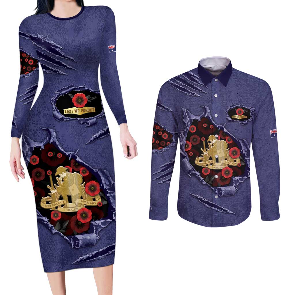 Personalised ANZAC Day Couples Matching Long Sleeve Bodycon Dress and Long Sleeve Button Shirt Poppy Flowers Ripped Fabric Effect