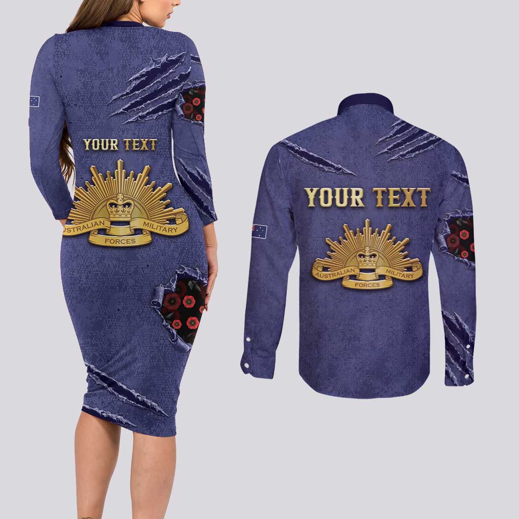 Personalised ANZAC Day Couples Matching Long Sleeve Bodycon Dress and Long Sleeve Button Shirt Poppy Flowers Ripped Fabric Effect