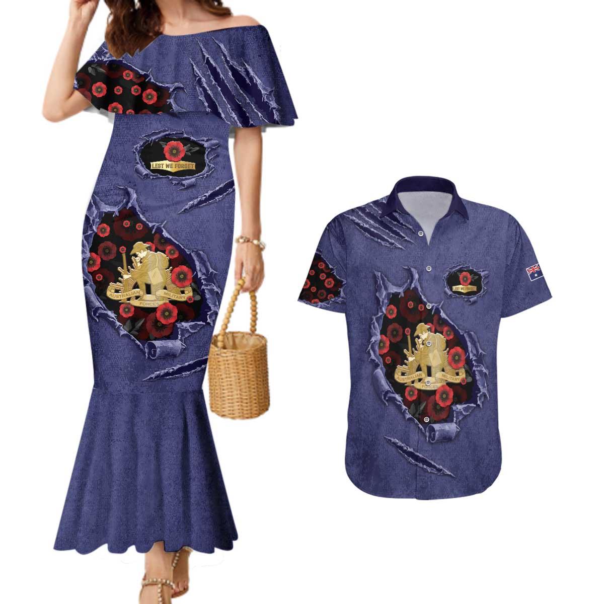 Personalised ANZAC Day Couples Matching Mermaid Dress and Hawaiian Shirt Poppy Flowers Ripped Fabric Effect