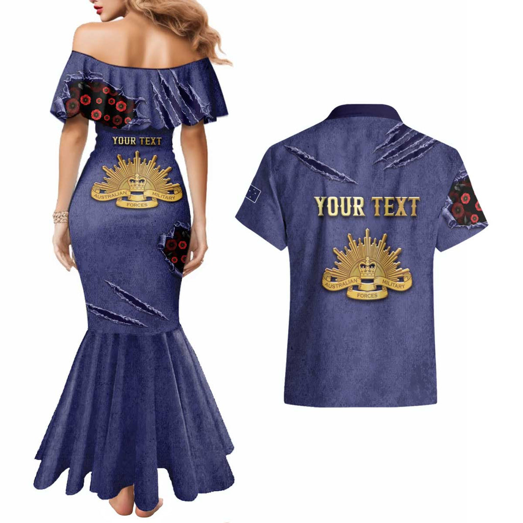 Personalised ANZAC Day Couples Matching Mermaid Dress and Hawaiian Shirt Poppy Flowers Ripped Fabric Effect