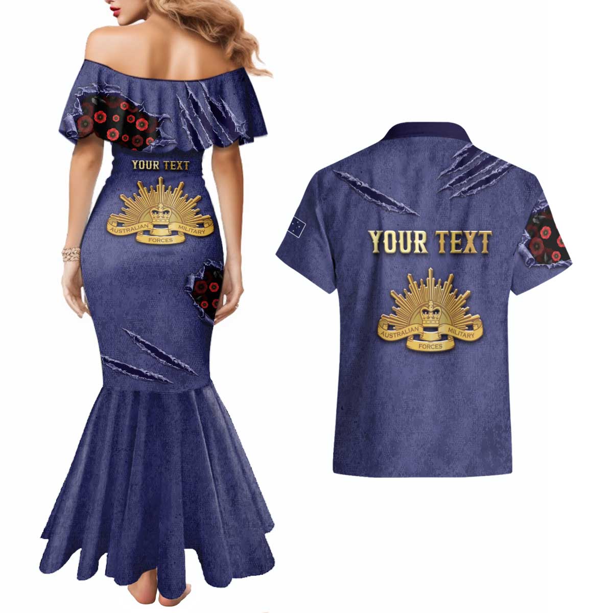 Personalised ANZAC Day Couples Matching Mermaid Dress and Hawaiian Shirt Poppy Flowers Ripped Fabric Effect