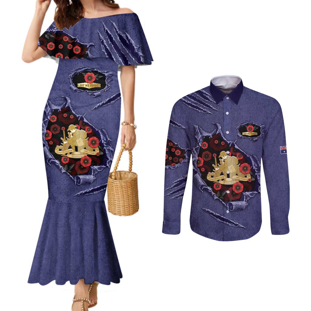 Personalised ANZAC Day Couples Matching Mermaid Dress and Long Sleeve Button Shirt Poppy Flowers Ripped Fabric Effect