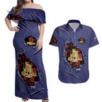 Personalised ANZAC Day Couples Matching Off Shoulder Maxi Dress and Hawaiian Shirt Poppy Flowers Ripped Fabric Effect