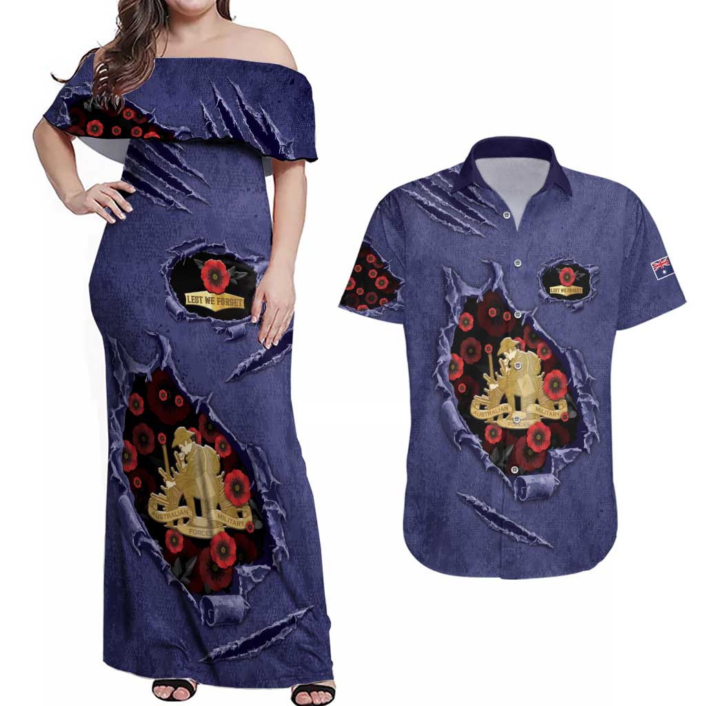 Personalised ANZAC Day Couples Matching Off Shoulder Maxi Dress and Hawaiian Shirt Poppy Flowers Ripped Fabric Effect