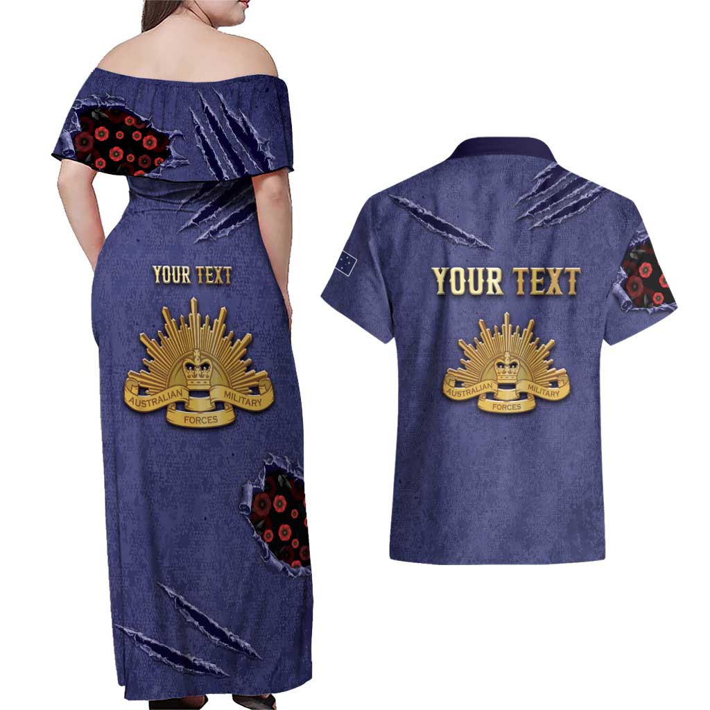 Personalised ANZAC Day Couples Matching Off Shoulder Maxi Dress and Hawaiian Shirt Poppy Flowers Ripped Fabric Effect