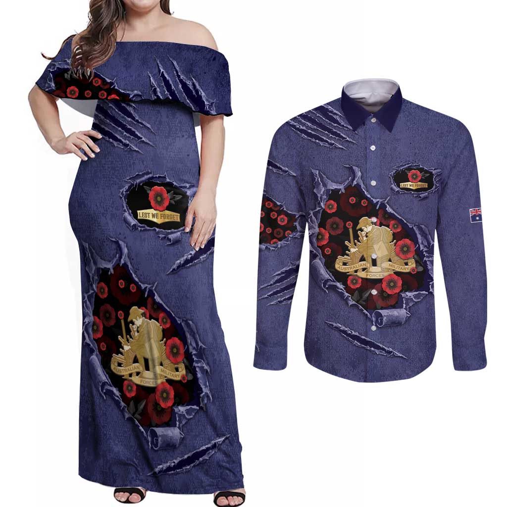 Personalised ANZAC Day Couples Matching Off Shoulder Maxi Dress and Long Sleeve Button Shirt Poppy Flowers Ripped Fabric Effect