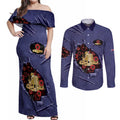 Personalised ANZAC Day Couples Matching Off Shoulder Maxi Dress and Long Sleeve Button Shirt Poppy Flowers Ripped Fabric Effect