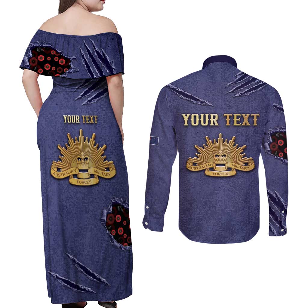 Personalised ANZAC Day Couples Matching Off Shoulder Maxi Dress and Long Sleeve Button Shirt Poppy Flowers Ripped Fabric Effect