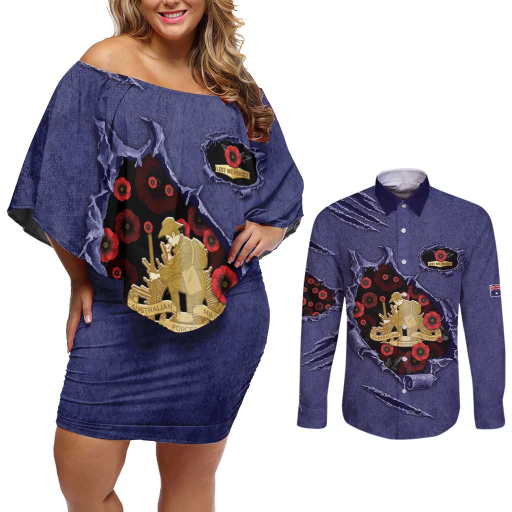 Personalised ANZAC Day Couples Matching Off Shoulder Short Dress and Long Sleeve Button Shirt Poppy Flowers Ripped Fabric Effect