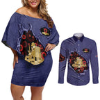 Personalised ANZAC Day Couples Matching Off Shoulder Short Dress and Long Sleeve Button Shirt Poppy Flowers Ripped Fabric Effect