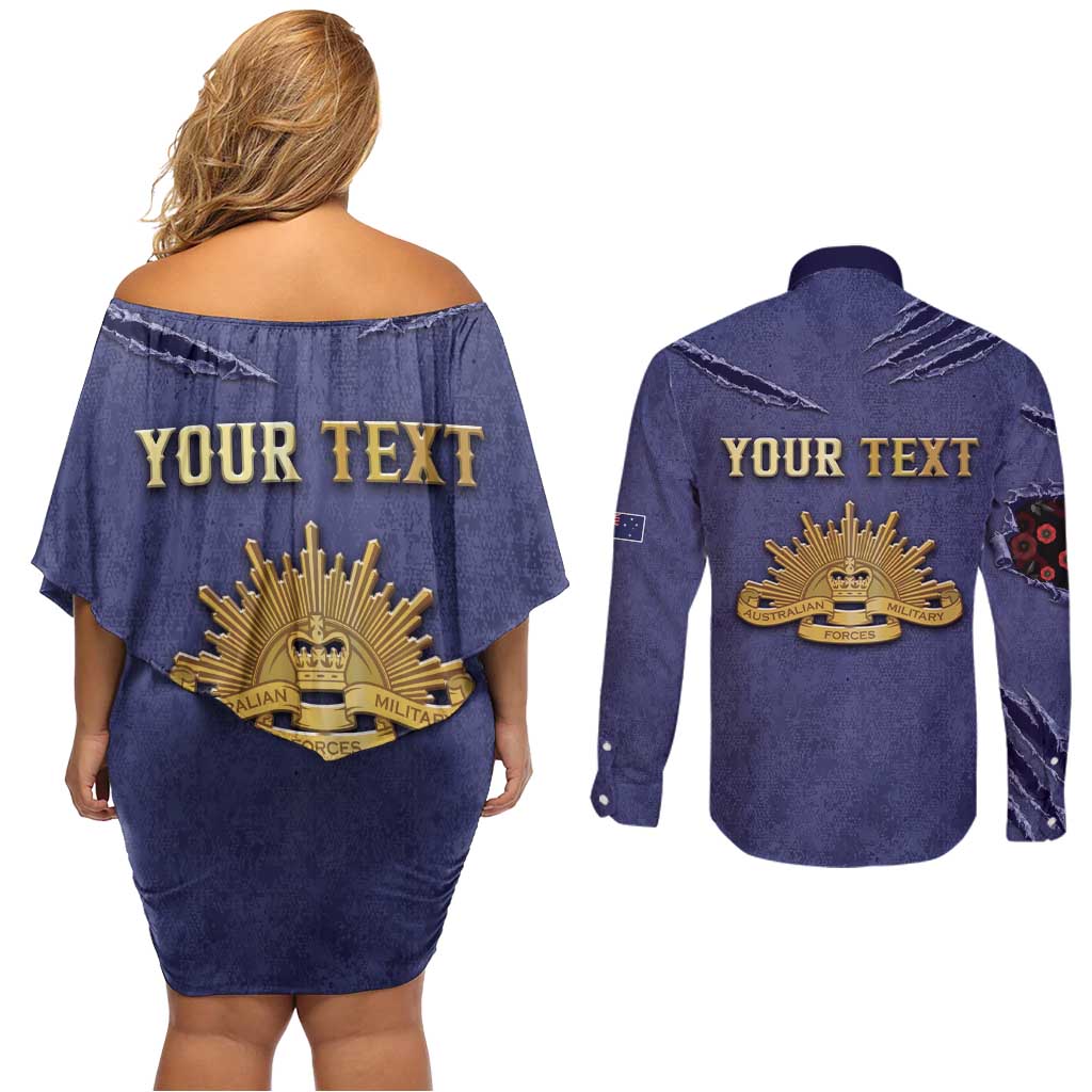 Personalised ANZAC Day Couples Matching Off Shoulder Short Dress and Long Sleeve Button Shirt Poppy Flowers Ripped Fabric Effect