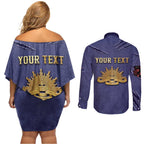 Personalised ANZAC Day Couples Matching Off Shoulder Short Dress and Long Sleeve Button Shirt Poppy Flowers Ripped Fabric Effect