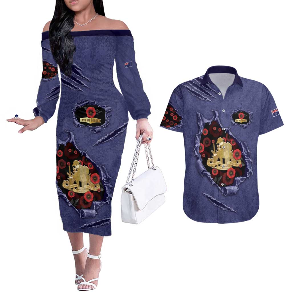 Personalised ANZAC Day Couples Matching Off The Shoulder Long Sleeve Dress and Hawaiian Shirt Poppy Flowers Ripped Fabric Effect