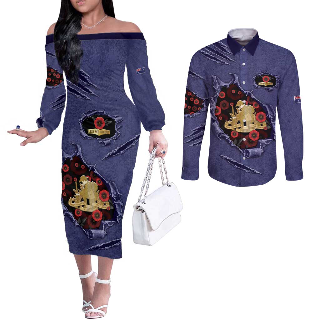Personalised ANZAC Day Couples Matching Off The Shoulder Long Sleeve Dress and Long Sleeve Button Shirt Poppy Flowers Ripped Fabric Effect