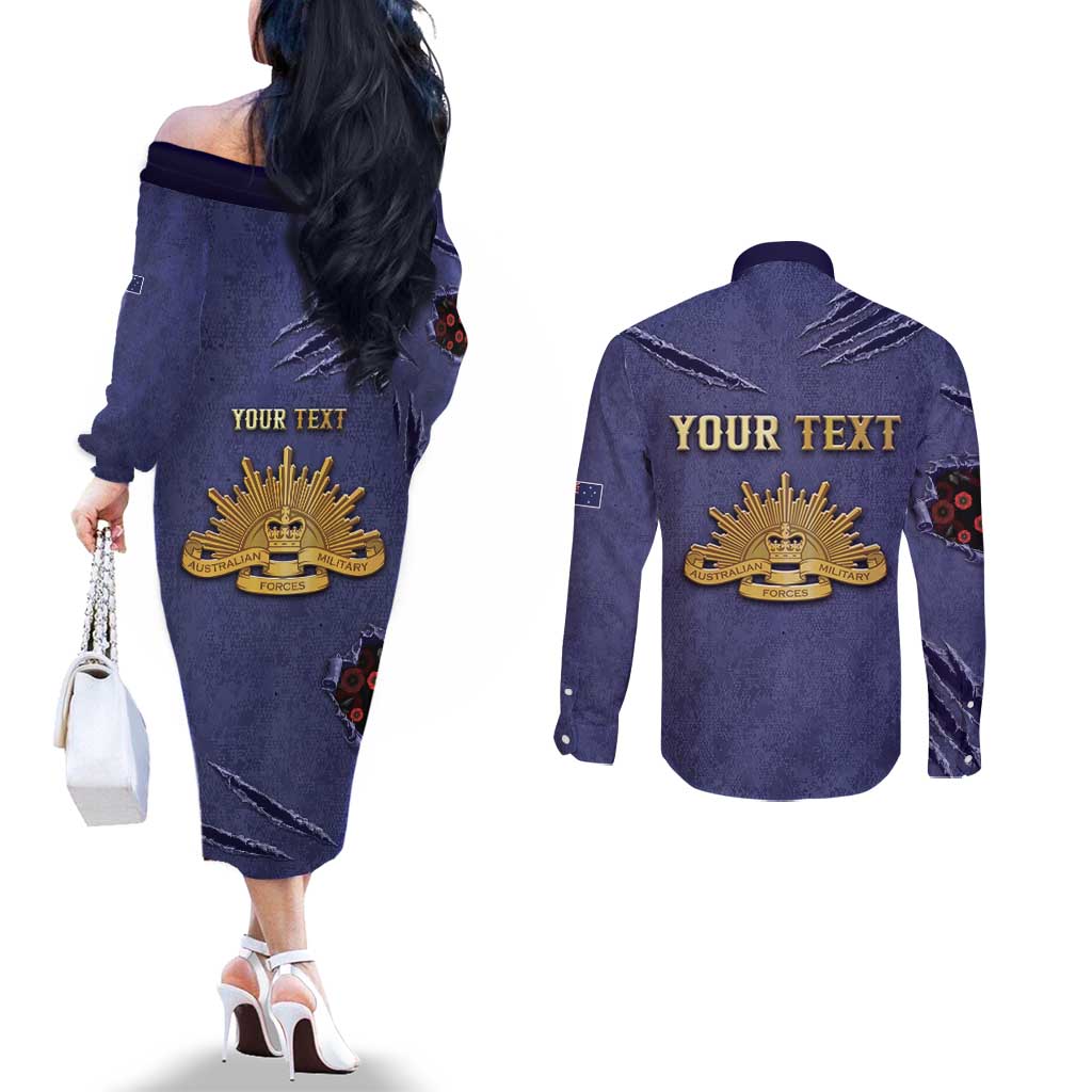 Personalised ANZAC Day Couples Matching Off The Shoulder Long Sleeve Dress and Long Sleeve Button Shirt Poppy Flowers Ripped Fabric Effect