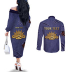 Personalised ANZAC Day Couples Matching Off The Shoulder Long Sleeve Dress and Long Sleeve Button Shirt Poppy Flowers Ripped Fabric Effect