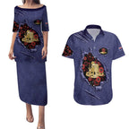 Personalised ANZAC Day Couples Matching Puletasi and Hawaiian Shirt Poppy Flowers Ripped Fabric Effect