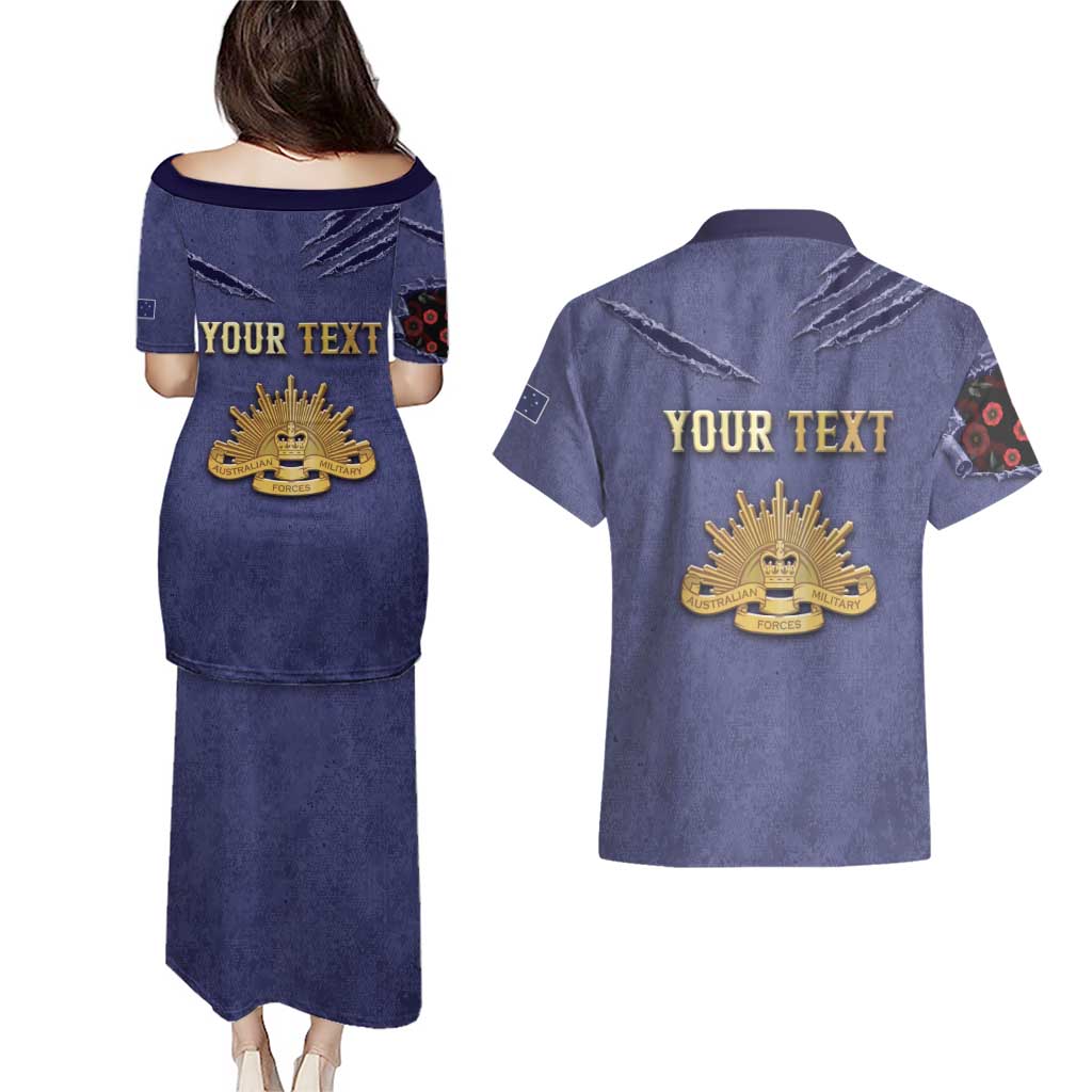 Personalised ANZAC Day Couples Matching Puletasi and Hawaiian Shirt Poppy Flowers Ripped Fabric Effect