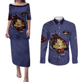 Personalised ANZAC Day Couples Matching Puletasi and Long Sleeve Button Shirt Poppy Flowers Ripped Fabric Effect