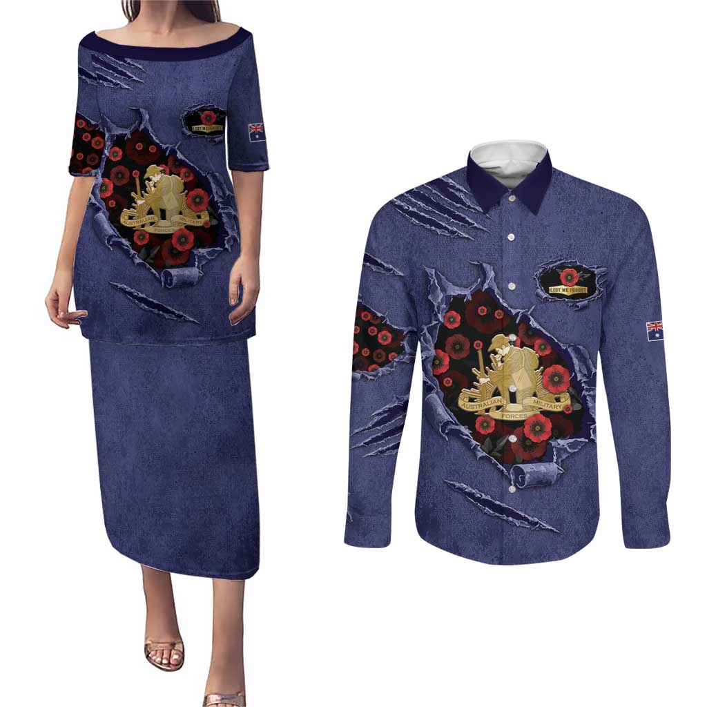 Personalised ANZAC Day Couples Matching Puletasi and Long Sleeve Button Shirt Poppy Flowers Ripped Fabric Effect