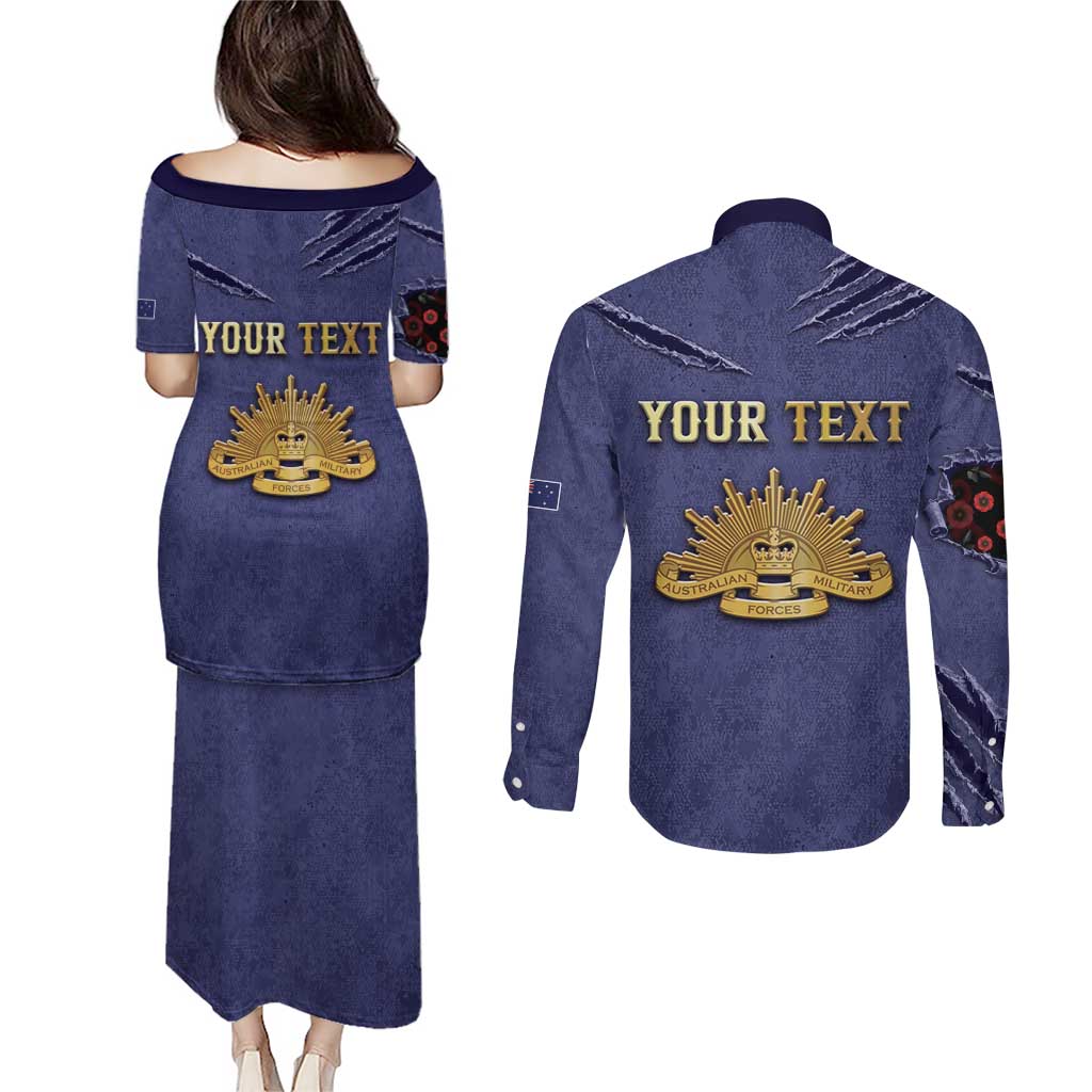 Personalised ANZAC Day Couples Matching Puletasi and Long Sleeve Button Shirt Poppy Flowers Ripped Fabric Effect