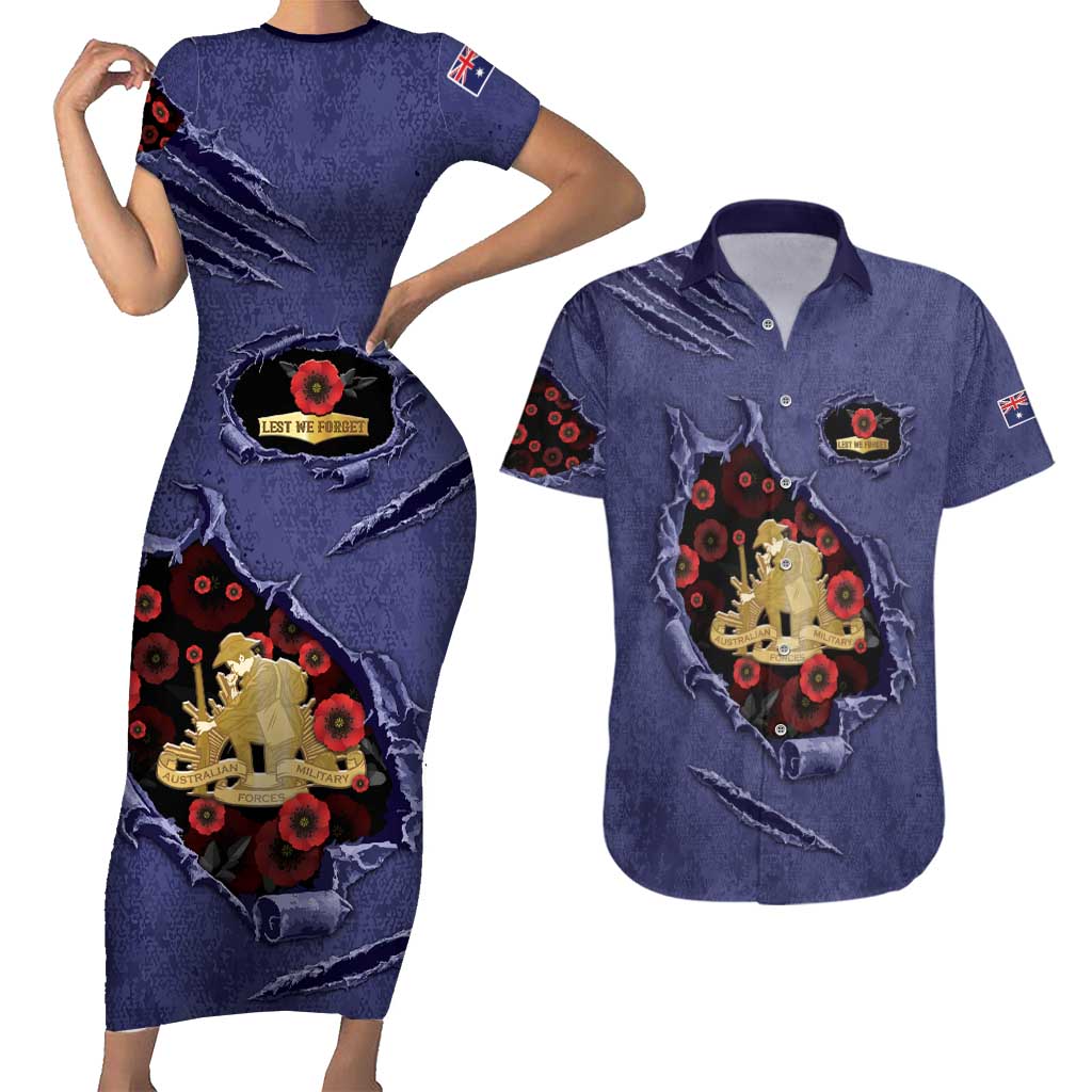Personalised ANZAC Day Couples Matching Short Sleeve Bodycon Dress and Hawaiian Shirt Poppy Flowers Ripped Fabric Effect