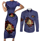 Personalised ANZAC Day Couples Matching Short Sleeve Bodycon Dress and Long Sleeve Button Shirt Poppy Flowers Ripped Fabric Effect