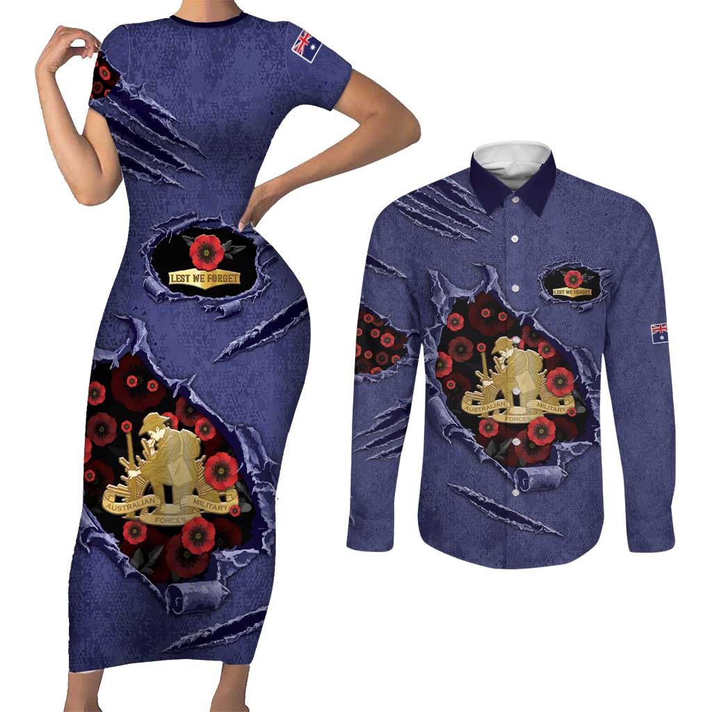 Personalised ANZAC Day Couples Matching Short Sleeve Bodycon Dress and Long Sleeve Button Shirt Poppy Flowers Ripped Fabric Effect