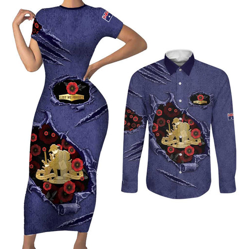 Personalised ANZAC Day Couples Matching Short Sleeve Bodycon Dress and Long Sleeve Button Shirt Poppy Flowers Ripped Fabric Effect