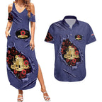 Personalised ANZAC Day Couples Matching Summer Maxi Dress and Hawaiian Shirt Poppy Flowers Ripped Fabric Effect
