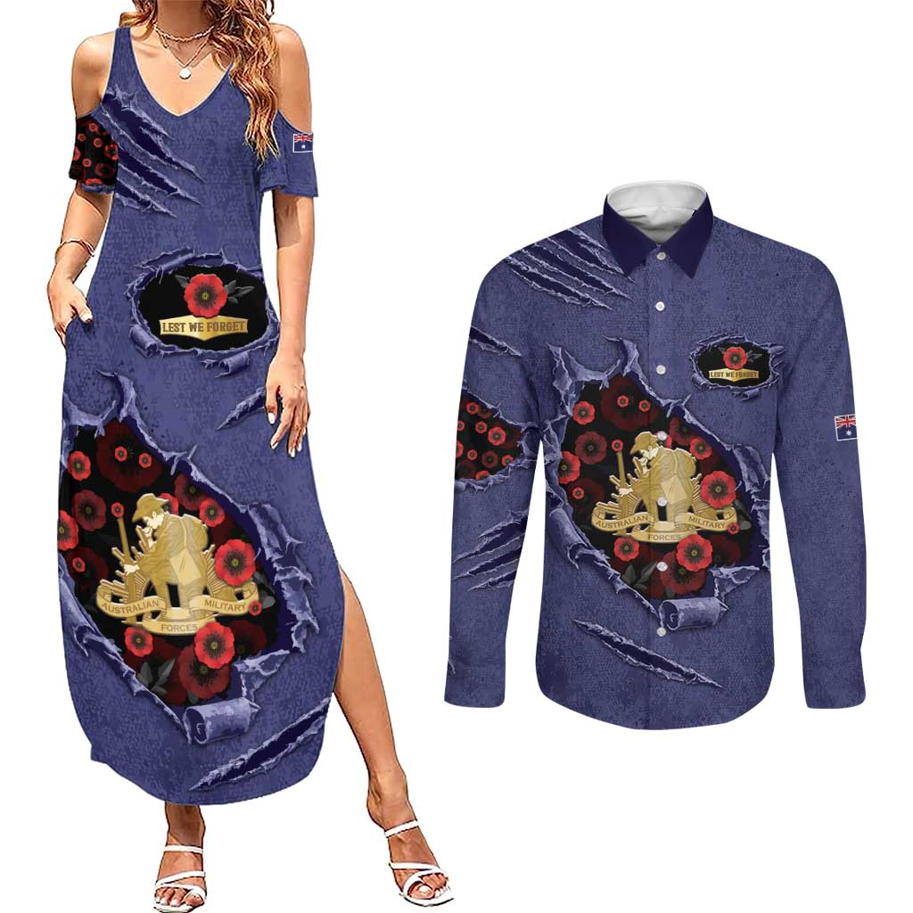 Personalised ANZAC Day Couples Matching Summer Maxi Dress and Long Sleeve Button Shirt Poppy Flowers Ripped Fabric Effect