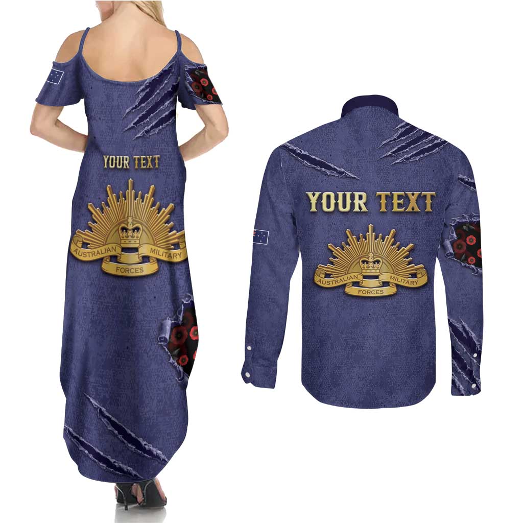 Personalised ANZAC Day Couples Matching Summer Maxi Dress and Long Sleeve Button Shirt Poppy Flowers Ripped Fabric Effect