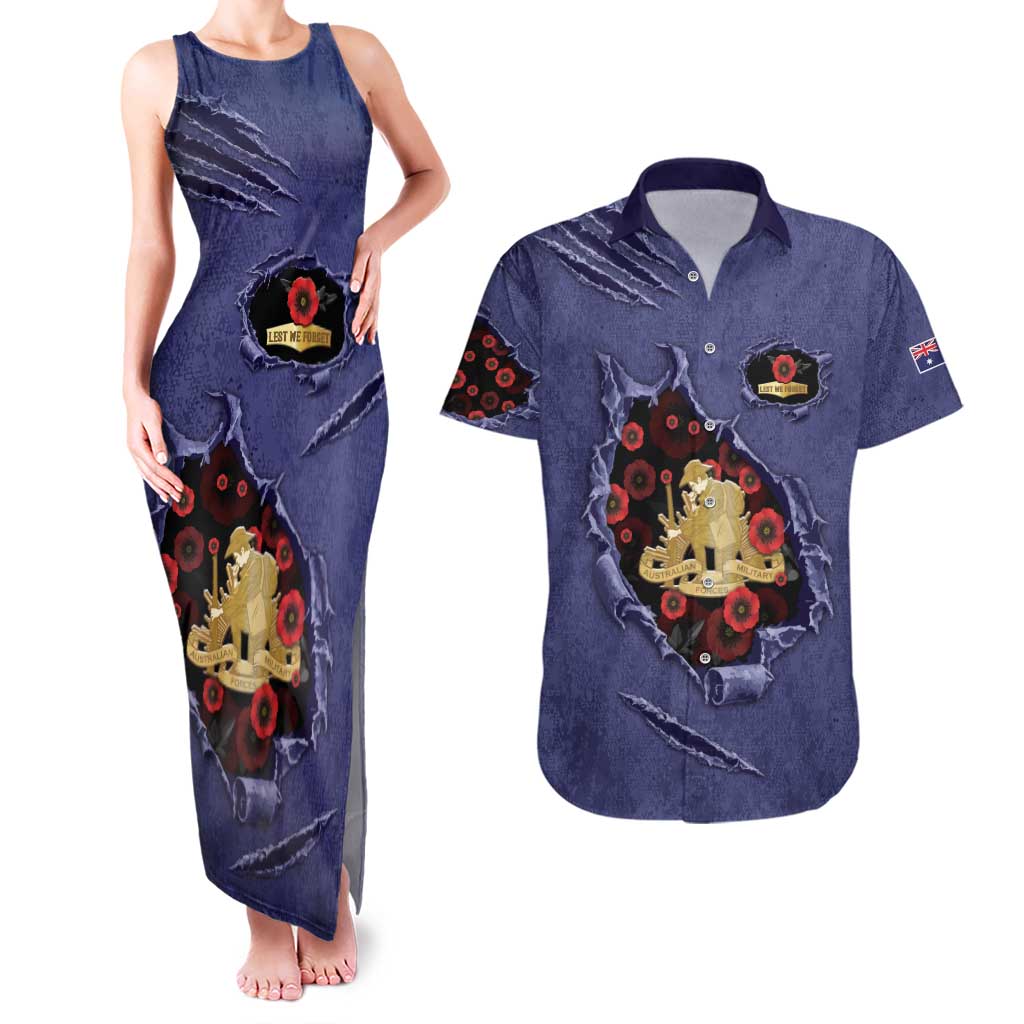 Personalised ANZAC Day Couples Matching Tank Maxi Dress and Hawaiian Shirt Poppy Flowers Ripped Fabric Effect