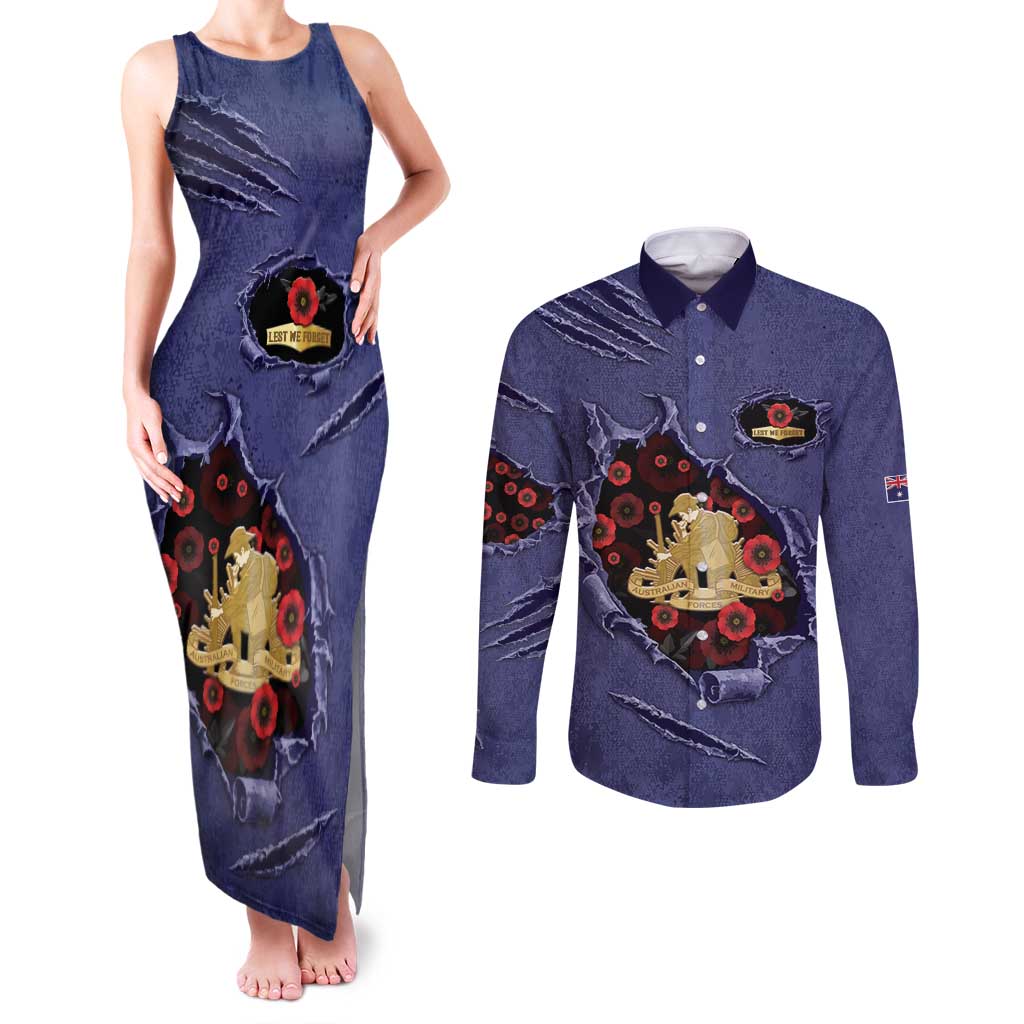 Personalised ANZAC Day Couples Matching Tank Maxi Dress and Long Sleeve Button Shirt Poppy Flowers Ripped Fabric Effect
