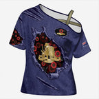Personalised ANZAC Day Cross Shoulder Shirt Poppy Flowers Ripped Fabric Effect