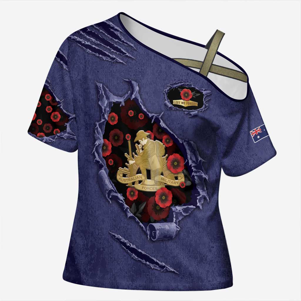 Personalised ANZAC Day Cross Shoulder Shirt Poppy Flowers Ripped Fabric Effect