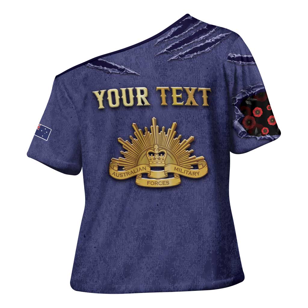 Personalised ANZAC Day Cross Shoulder Shirt Poppy Flowers Ripped Fabric Effect
