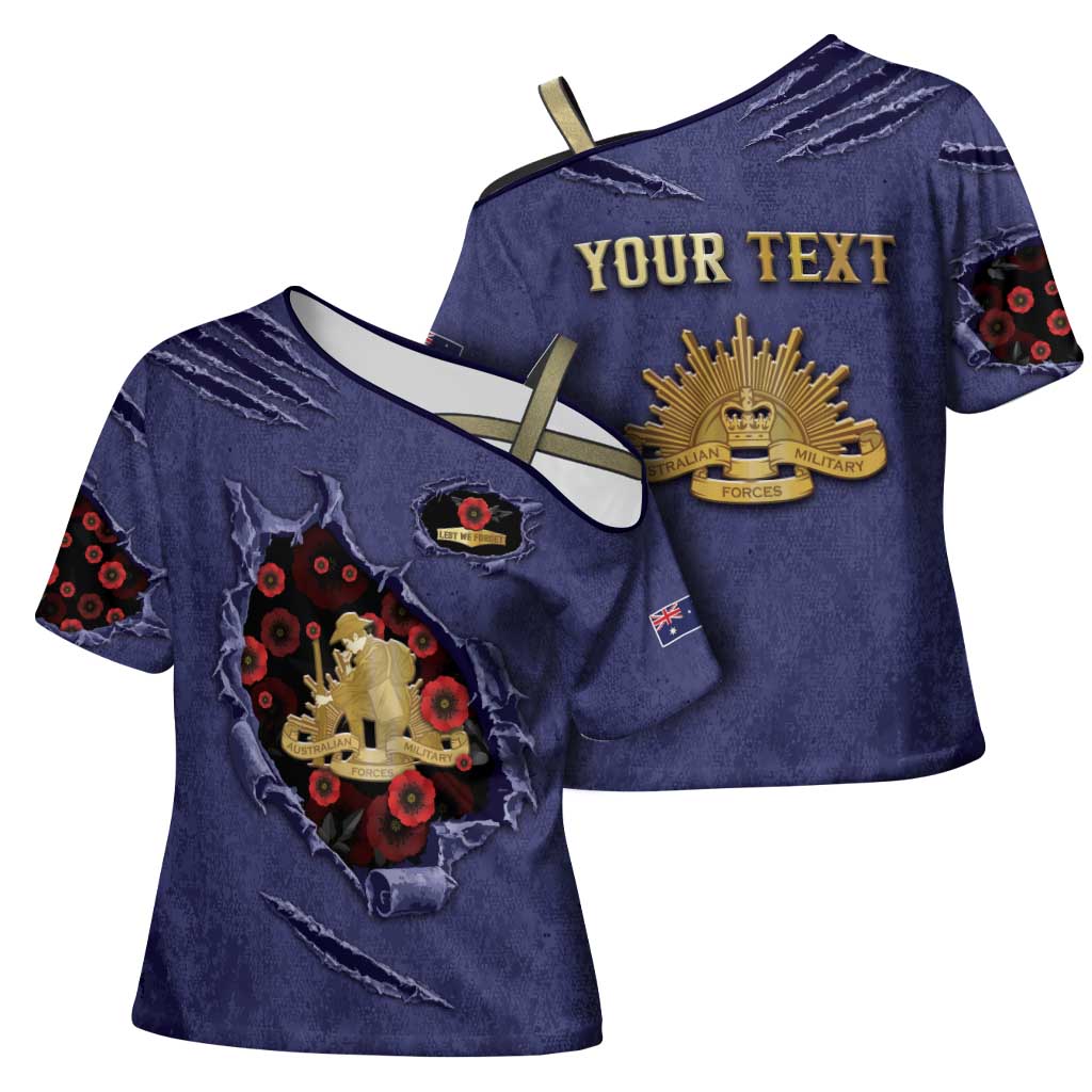 Personalised ANZAC Day Cross Shoulder Shirt Poppy Flowers Ripped Fabric Effect