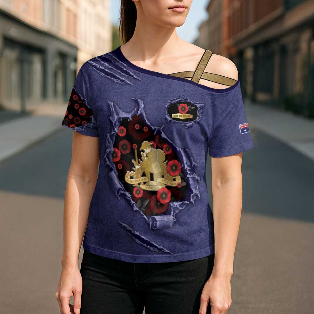 Personalised ANZAC Day Cross Shoulder Shirt Poppy Flowers Ripped Fabric Effect