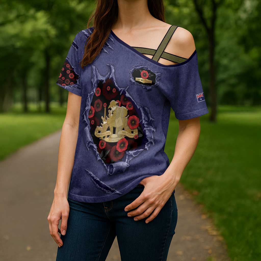 Personalised ANZAC Day Cross Shoulder Shirt Poppy Flowers Ripped Fabric Effect