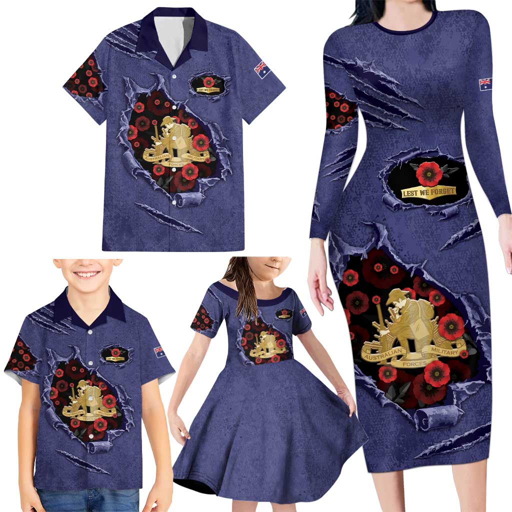 Personalised ANZAC Day Family Matching Long Sleeve Bodycon Dress and Hawaiian Shirt Poppy Flowers Ripped Fabric Effect