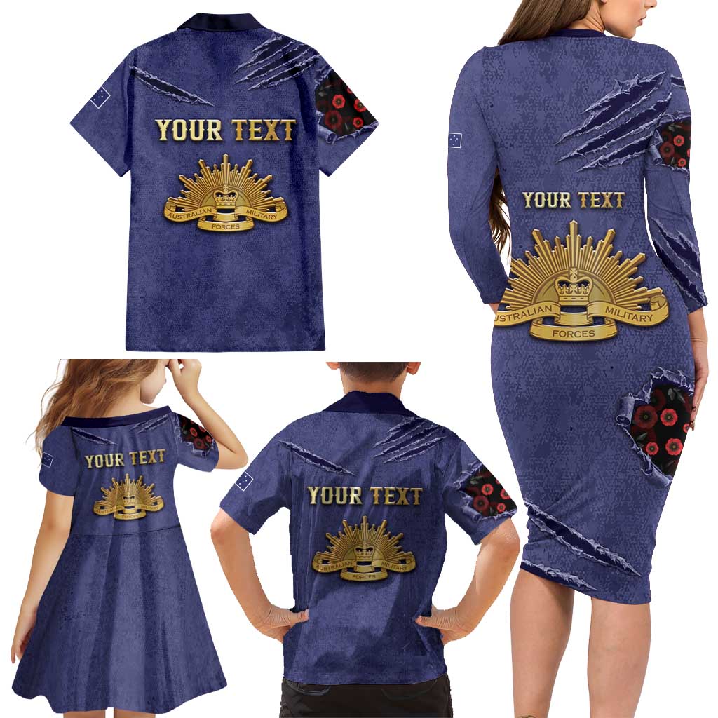 Personalised ANZAC Day Family Matching Long Sleeve Bodycon Dress and Hawaiian Shirt Poppy Flowers Ripped Fabric Effect