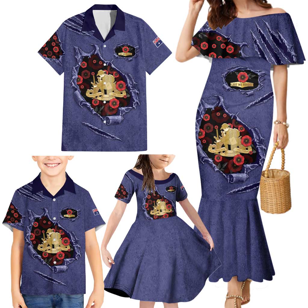 Personalised ANZAC Day Family Matching Mermaid Dress and Hawaiian Shirt Poppy Flowers Ripped Fabric Effect