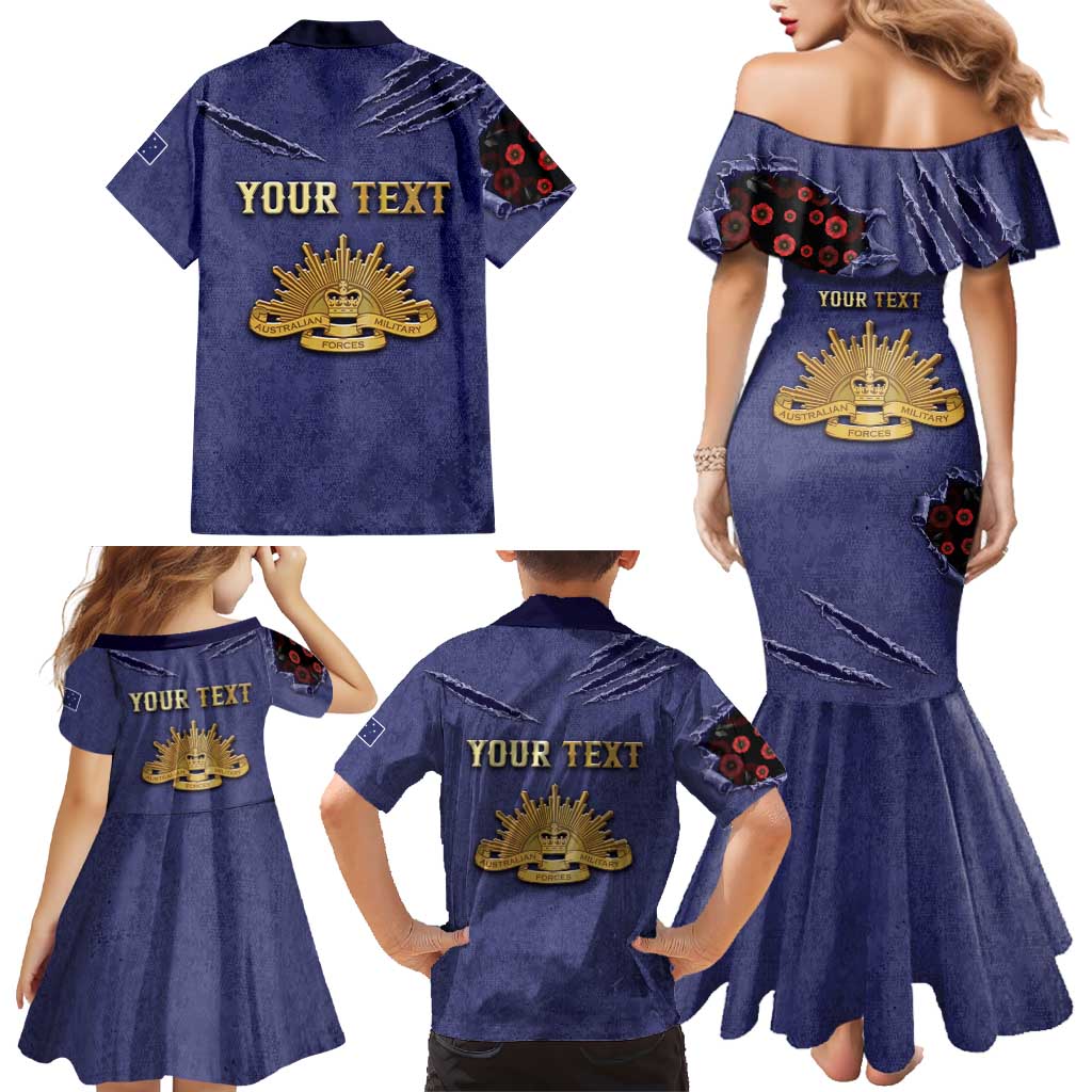 Personalised ANZAC Day Family Matching Mermaid Dress and Hawaiian Shirt Poppy Flowers Ripped Fabric Effect
