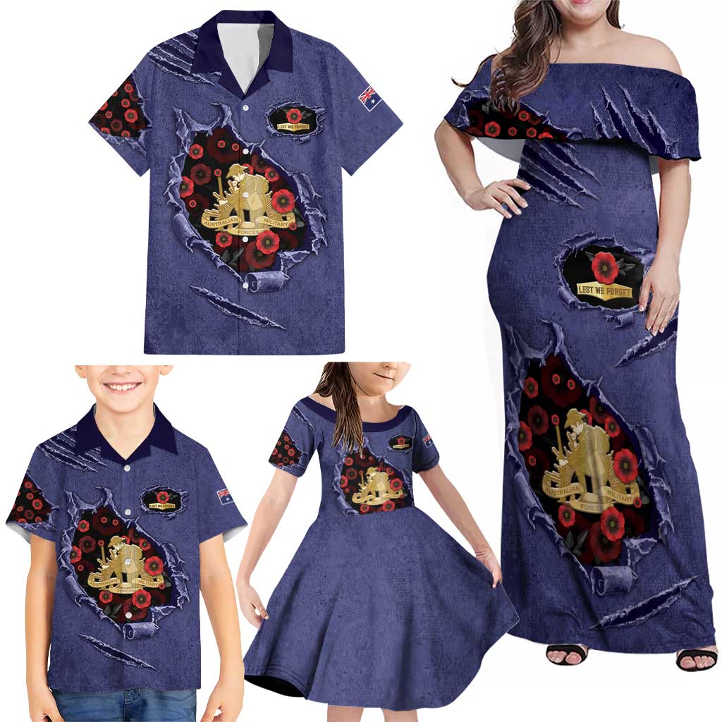 Personalised ANZAC Day Family Matching Off Shoulder Maxi Dress and Hawaiian Shirt Poppy Flowers Ripped Fabric Effect