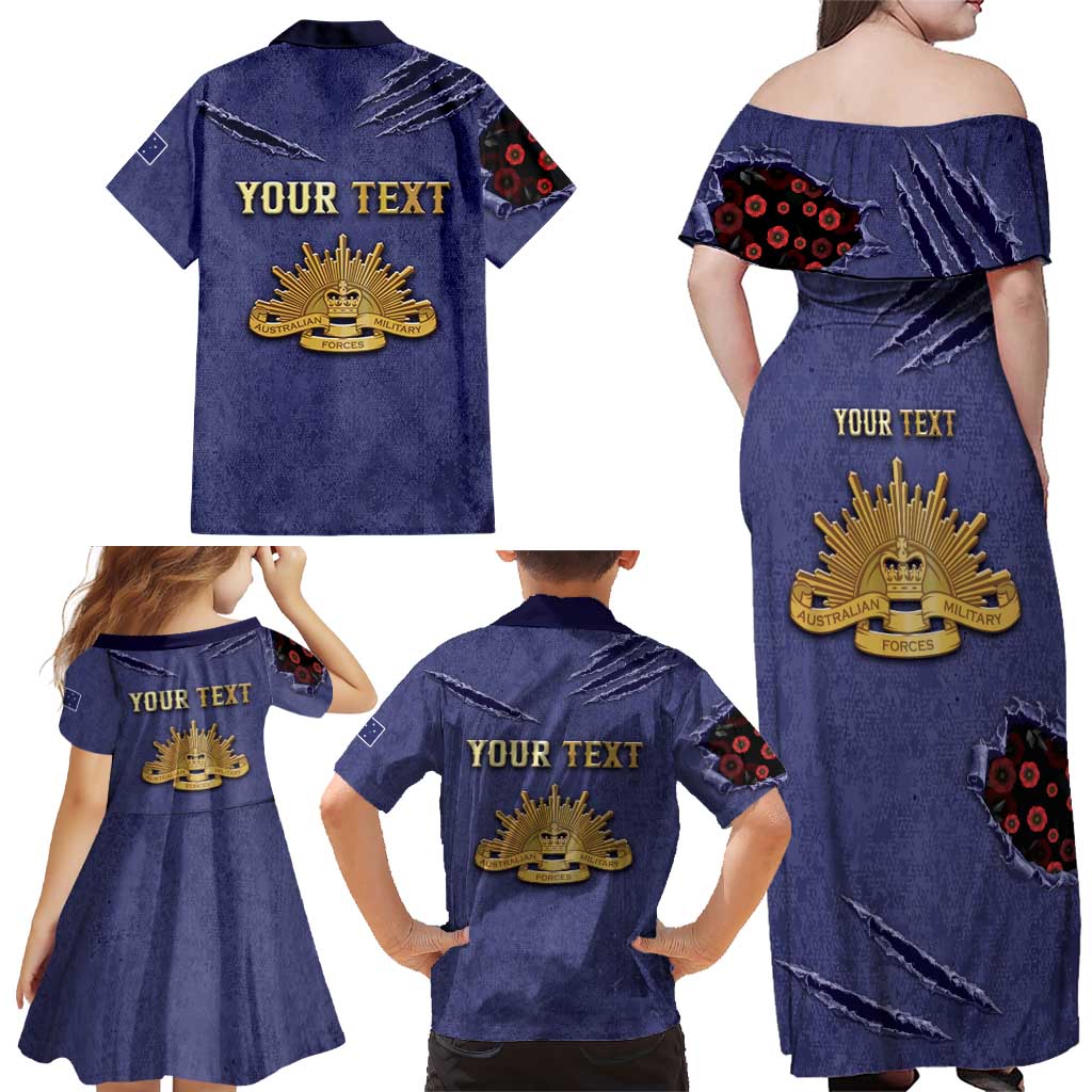 Personalised ANZAC Day Family Matching Off Shoulder Maxi Dress and Hawaiian Shirt Poppy Flowers Ripped Fabric Effect