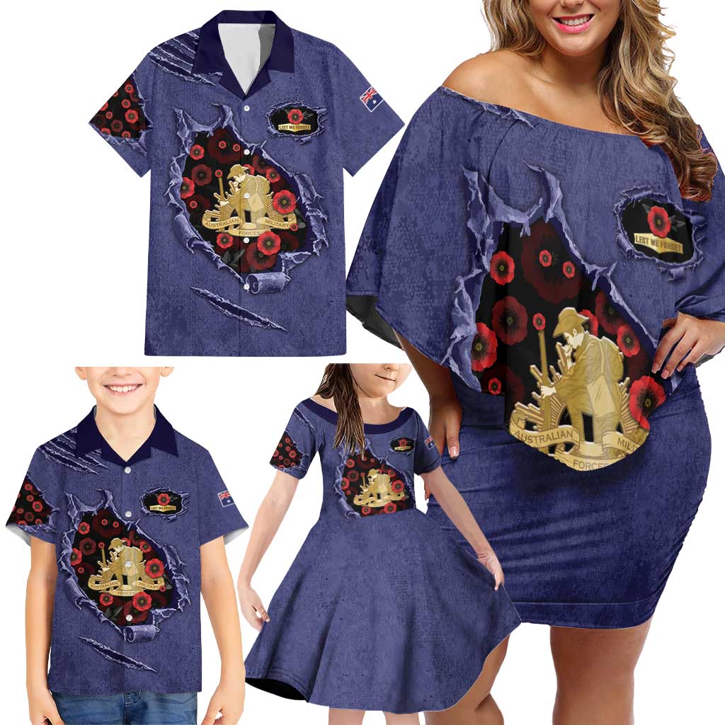 Personalised ANZAC Day Family Matching Off Shoulder Short Dress and Hawaiian Shirt Poppy Flowers Ripped Fabric Effect
