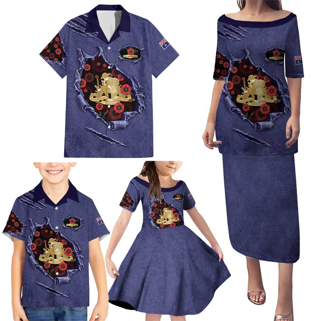 Personalised ANZAC Day Family Matching Puletasi and Hawaiian Shirt Poppy Flowers Ripped Fabric Effect
