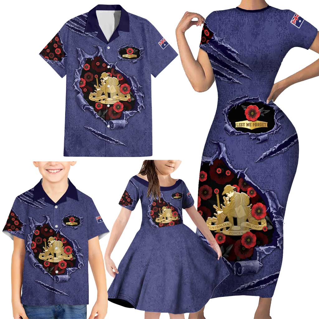 Personalised ANZAC Day Family Matching Short Sleeve Bodycon Dress and Hawaiian Shirt Poppy Flowers Ripped Fabric Effect
