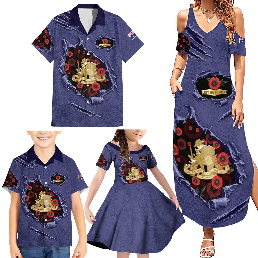 Personalised ANZAC Day Family Matching Summer Maxi Dress and Hawaiian Shirt Poppy Flowers Ripped Fabric Effect